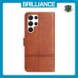 Brilliance LUX Samsung S23 Ultra Flip Book PU Leather Wallet ShockProof Cowhide Texture with Wrist Strap Case Brown