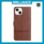 Brilliance LUX iPhone 14 Plus Flip PU Leather Wallet ShockProof Imprinted Cowhide Texture with Wrist Strap Case Dark Brown