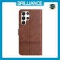 Brilliance LUX Samsung S23 Ultra Flip PU Leather Wallet ShockProof Imprinted Cowhide Texture with Wrist Strap Case Dark Brown