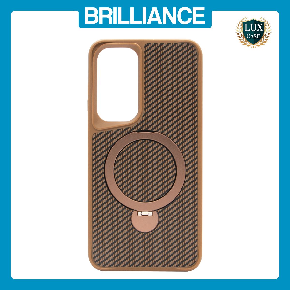 Brilliance LUX iPhone S25 Plus 360° Rotating Magnetic Metal Bracket Carbon Fiber Pattern Matte PC+TPU Phone case Gold