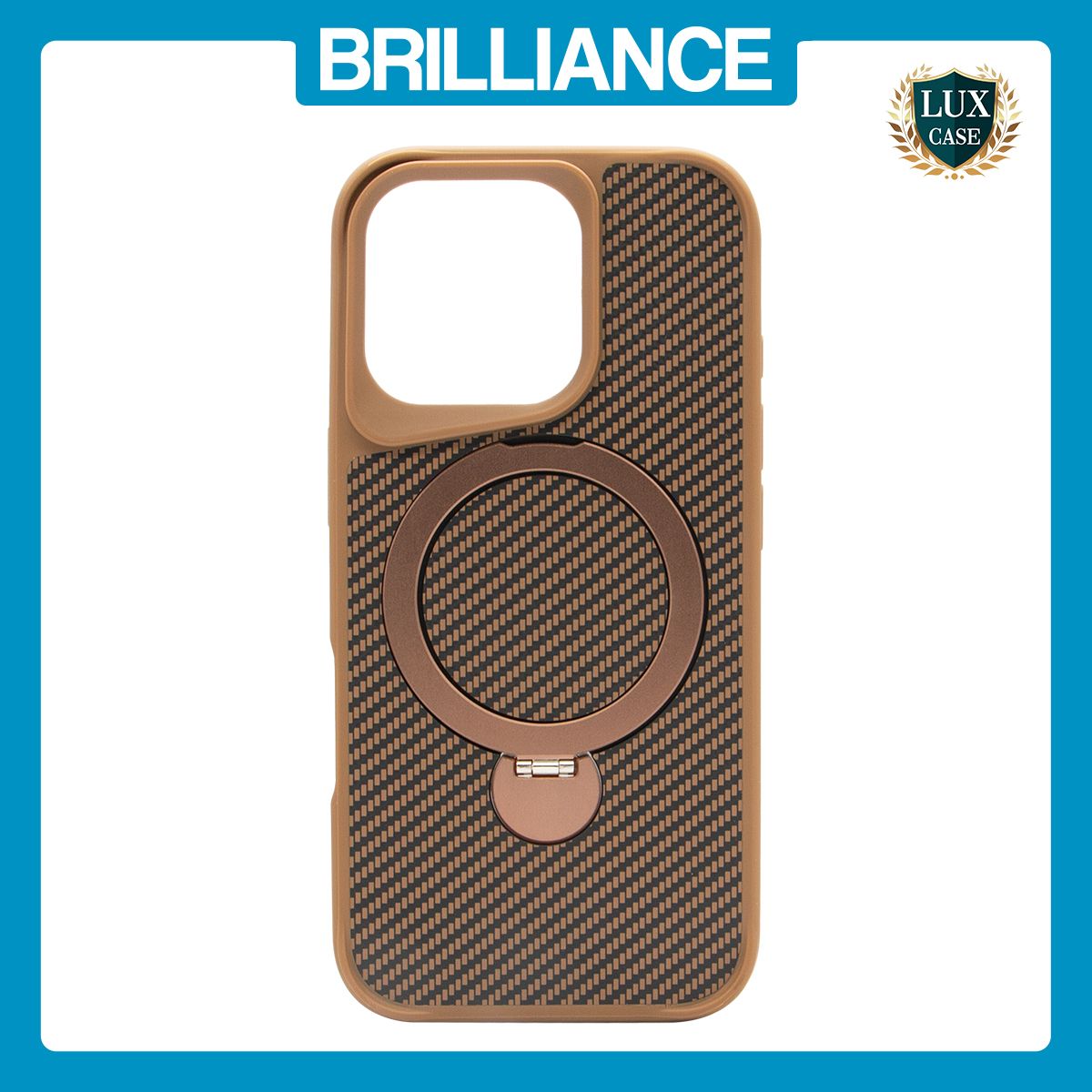 Brilliance LUX iPhone 16 Pro 360° Rotating Magnetic Metal Bracket Carbon Fiber Pattern Matte PC+TPU Phone case Gold