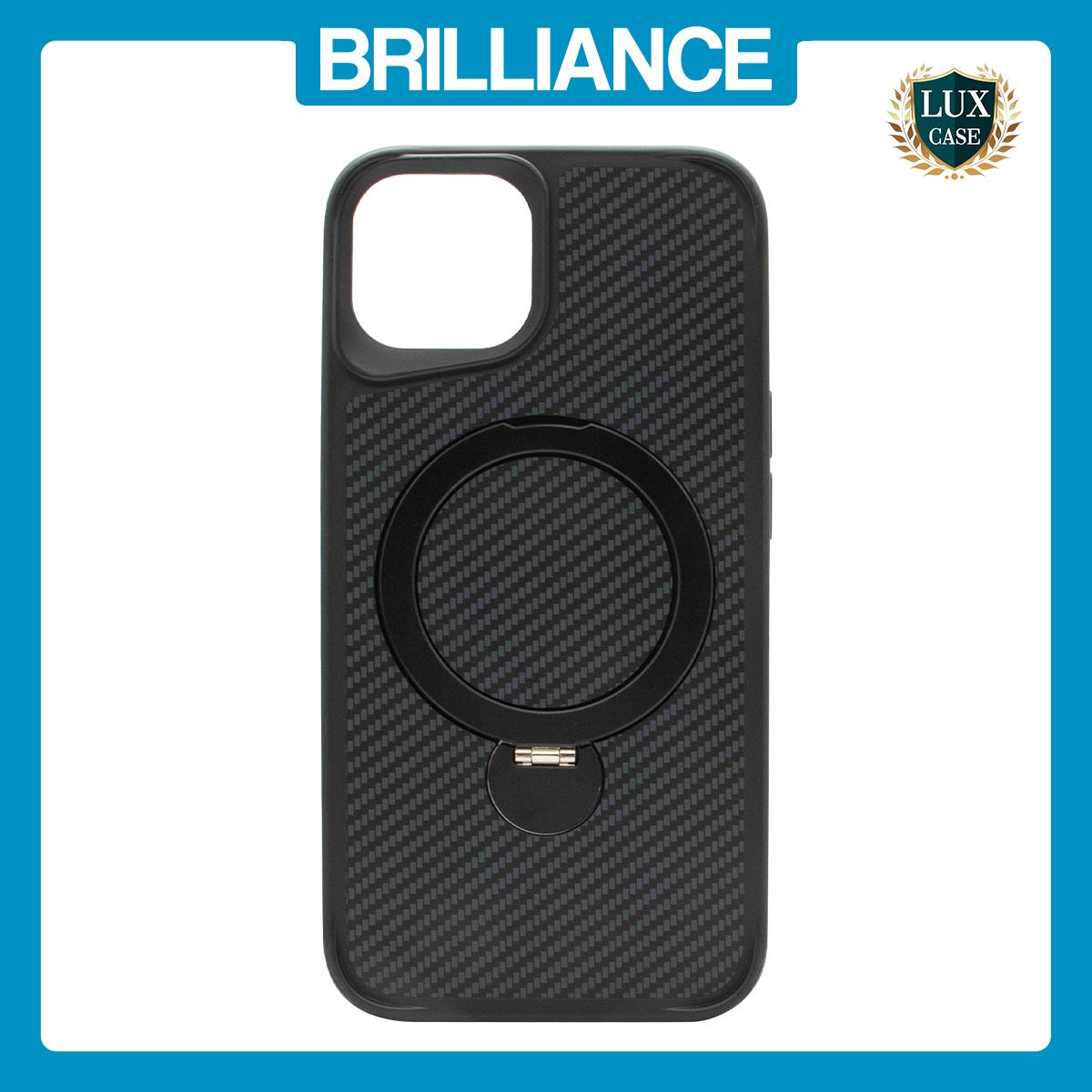 Brilliance LUX iPhone 15 360° Rotating Magnetic Metal Bracket Carbon Fiber Pattern Matte PC+TPU Phone case Black
