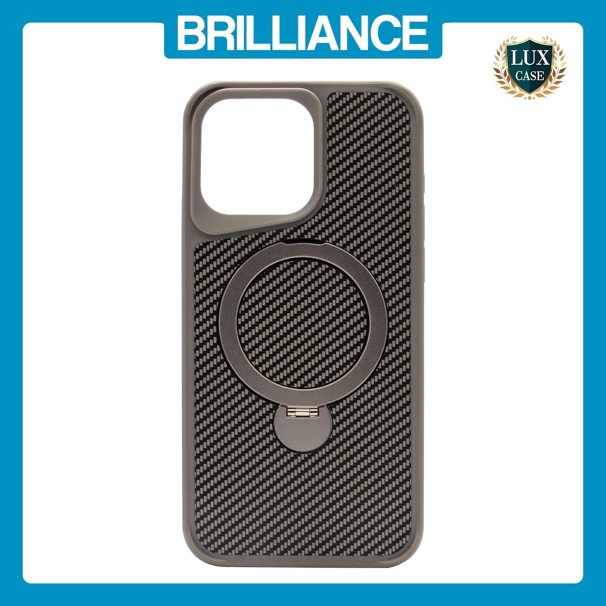 Brilliance LUX iPhone 15 Pro Max 360° Rotating Magnetic Metal Bracket Carbon Fiber Pattern Matte PC+TPU Phone case Grey