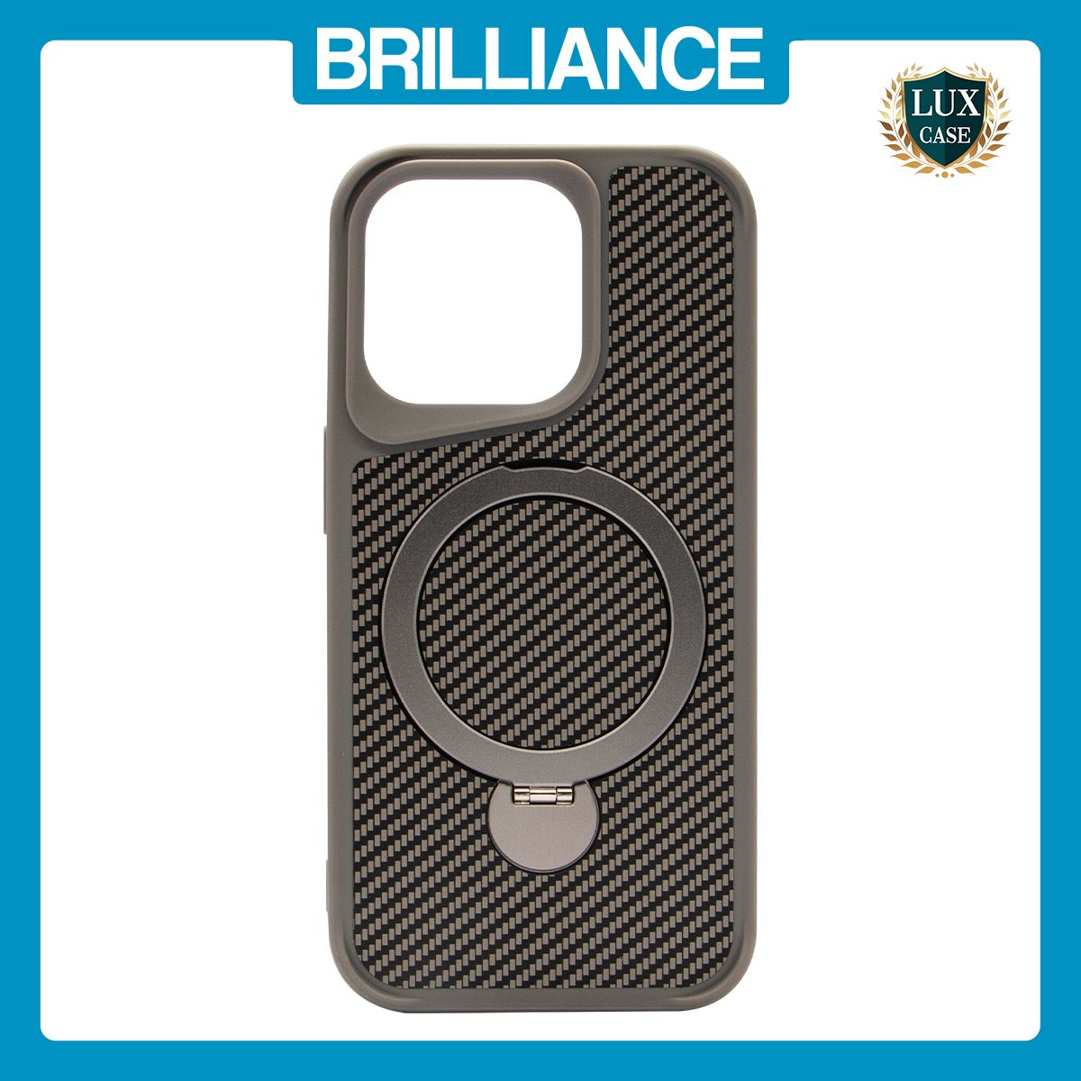 Brilliance LUX iPhone 15 Pro 360° Rotating Magnetic Metal Bracket Carbon Fiber Pattern Matte PC+TPU Phone case Grey