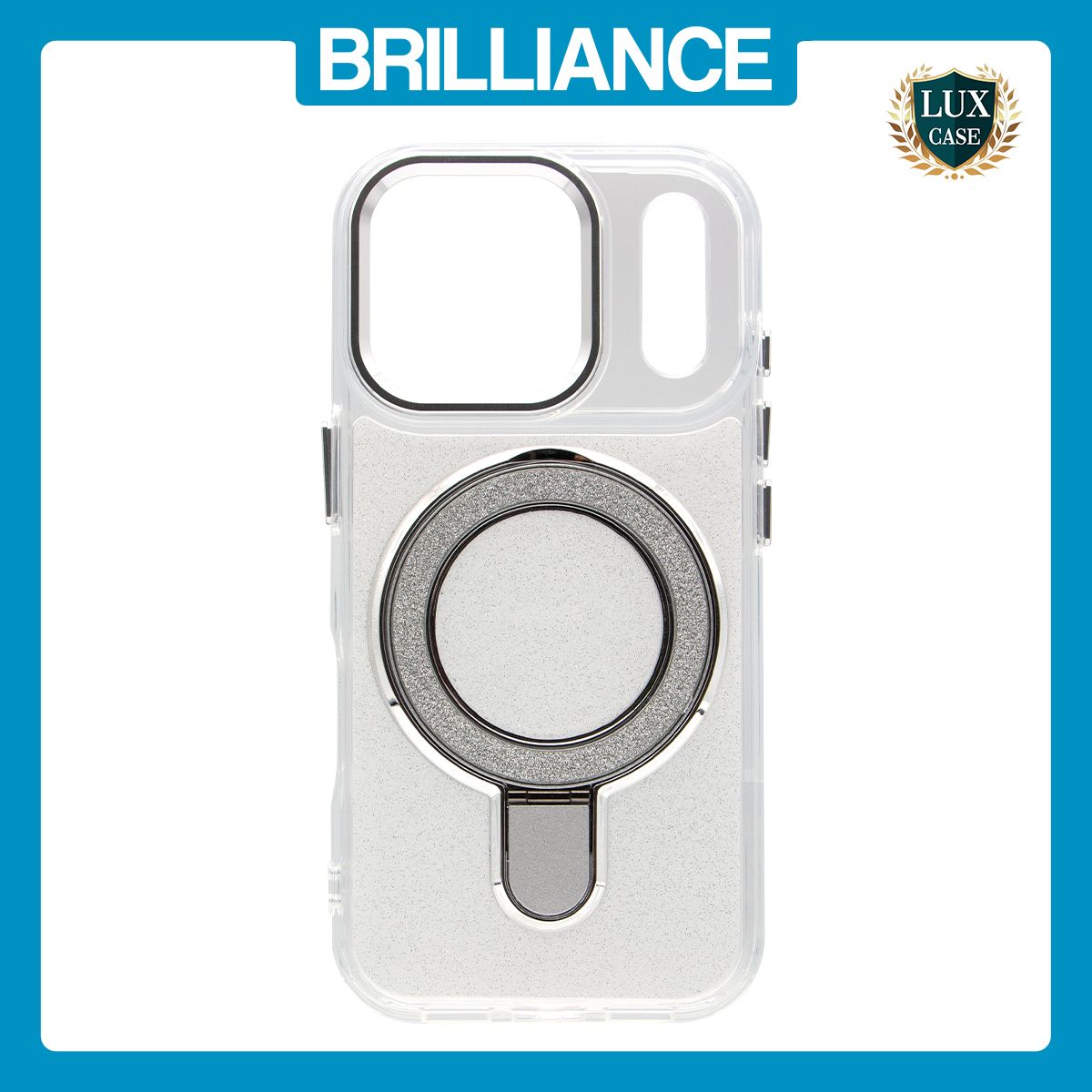Brilliance LUX iPhone 17 Pro Glitter Sparkle Magnetic Clear TPU + Acrylic with Kickstand Phone Case White