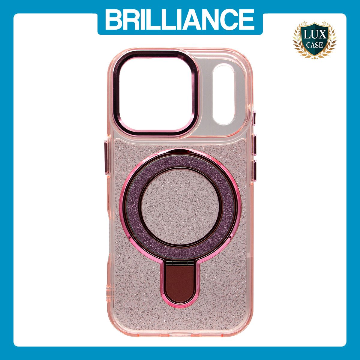 Brilliance LUX iPhone 17 Pro Glitter Sparkle Magnetic Clear TPU + Acrylic with Kickstand Phone Case Pink