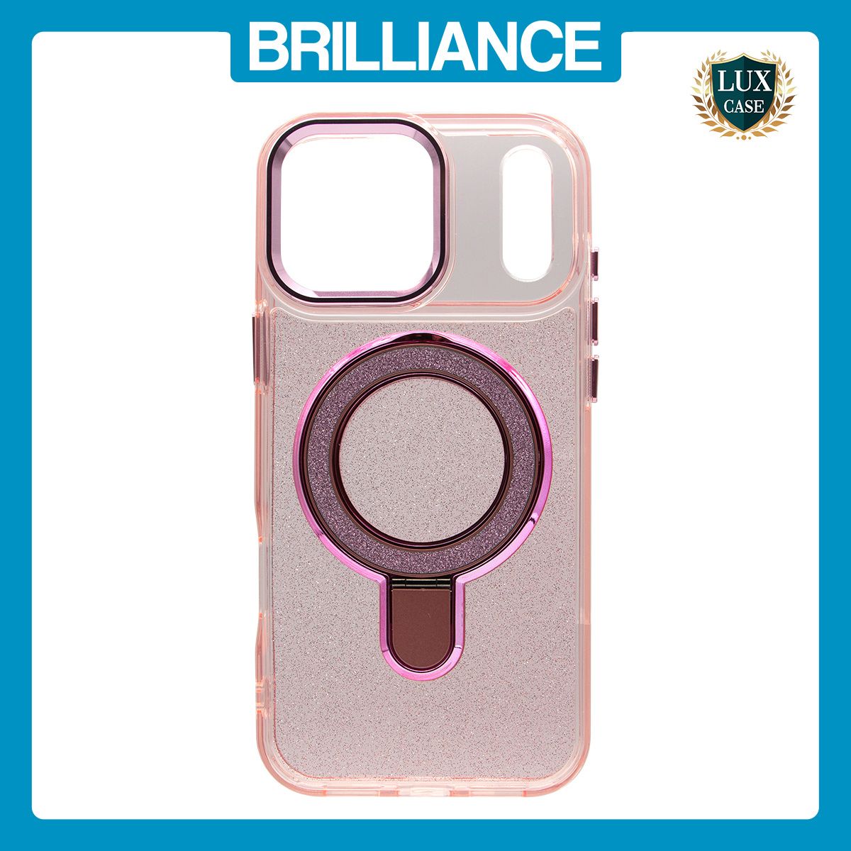 Brilliance LUX iPhone 17 Pro Max Glitter Sparkle Magnetic Clear TPU + Acrylic with Kickstand Phone Case Pink