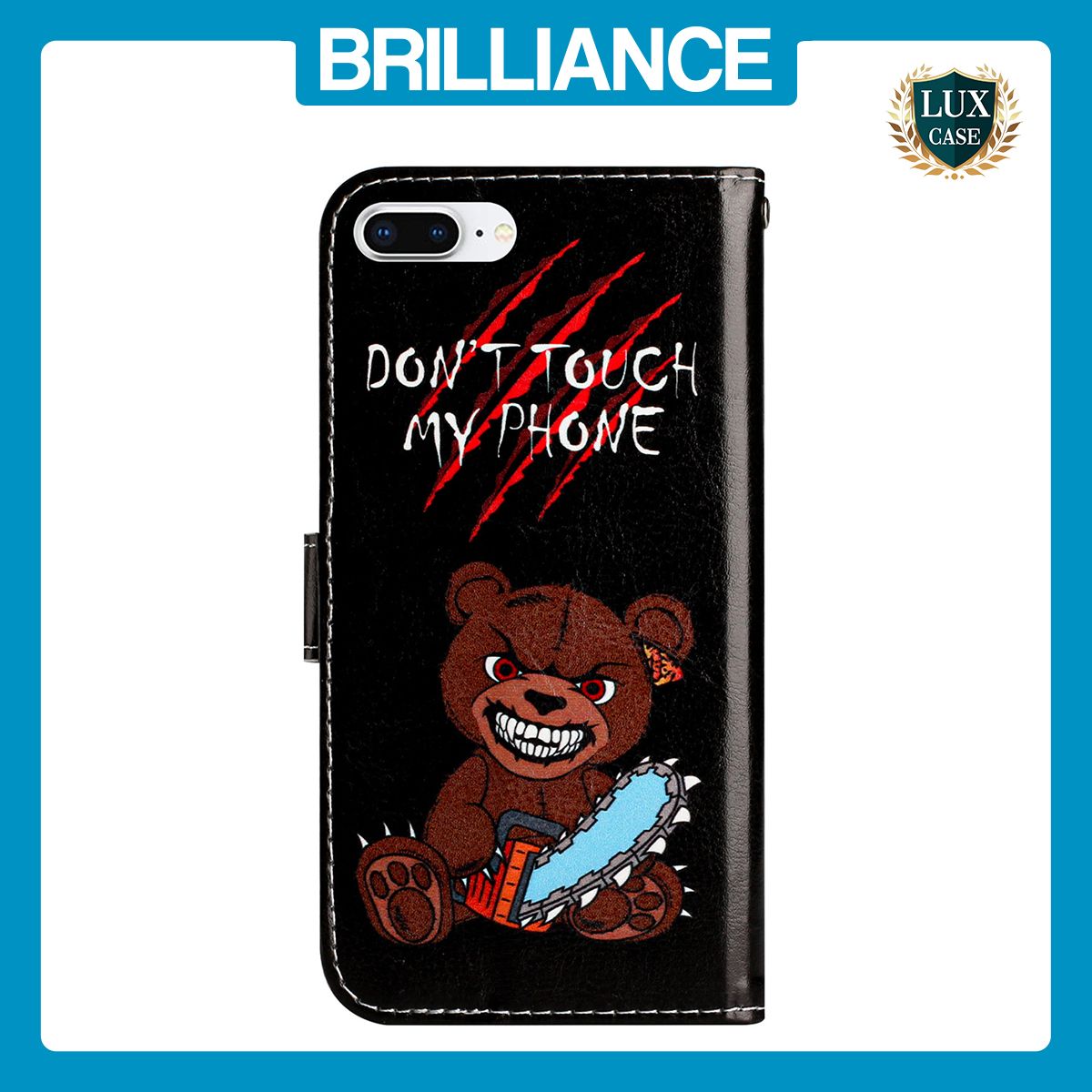 Brilliance LUX iPhone 6P/7P/8P Flip PU Leather Wallet 3D Print Bear with Wrist Strap Case