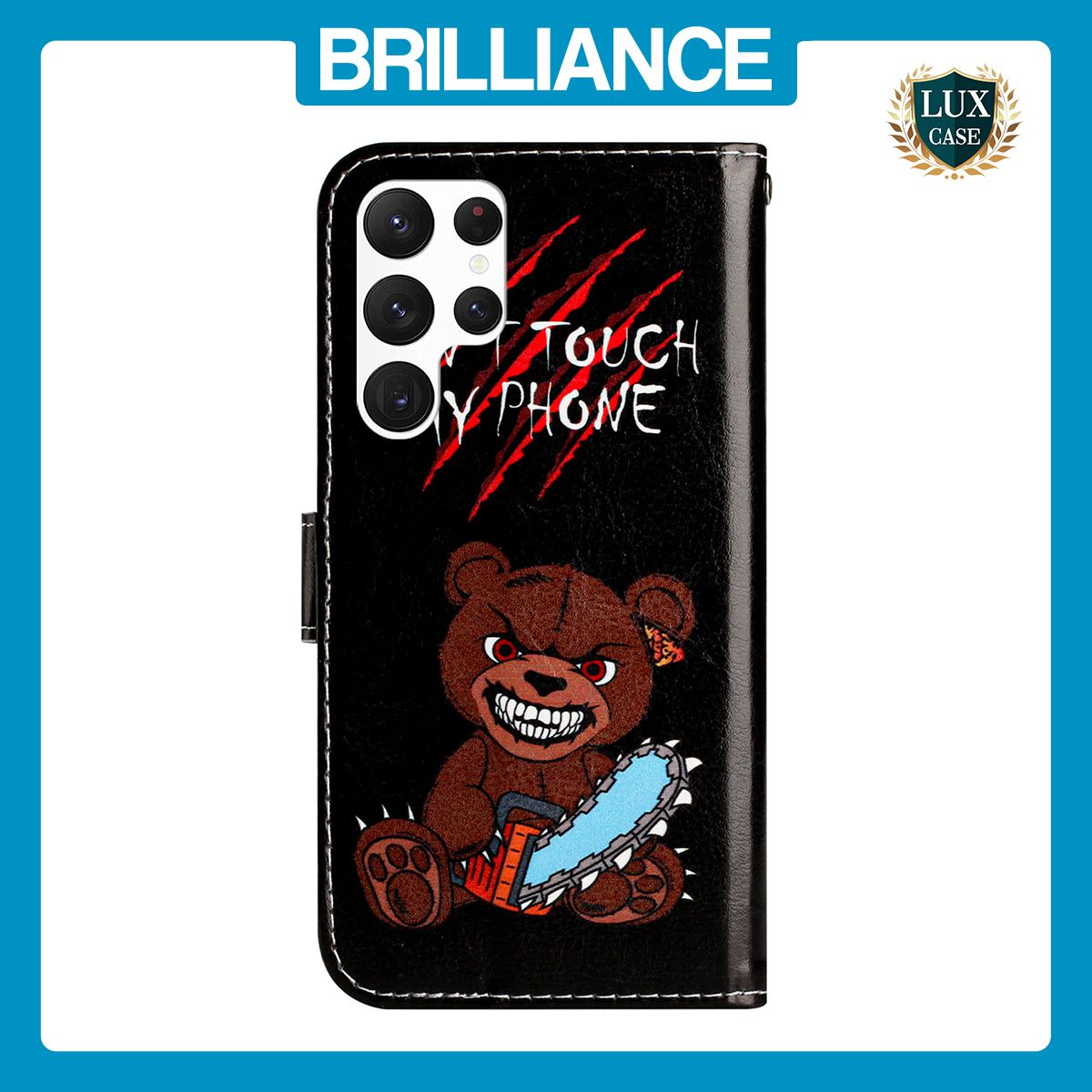 Brilliance LUX Samsung S23 Ultra Flip PU Leather Wallet 3D Print Bear with Wrist Strap Case
