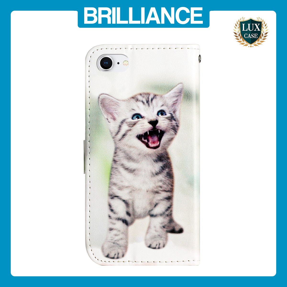 Brilliance LUX iPhone 6/7/8 Flip PU Leather Wallet 3D Print Cat with Wrist Strap Case