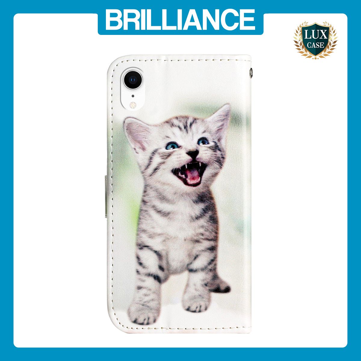 Brilliance LUX iPhone XR Flip PU Leather Wallet 3D Print Cat with Wrist Strap Case