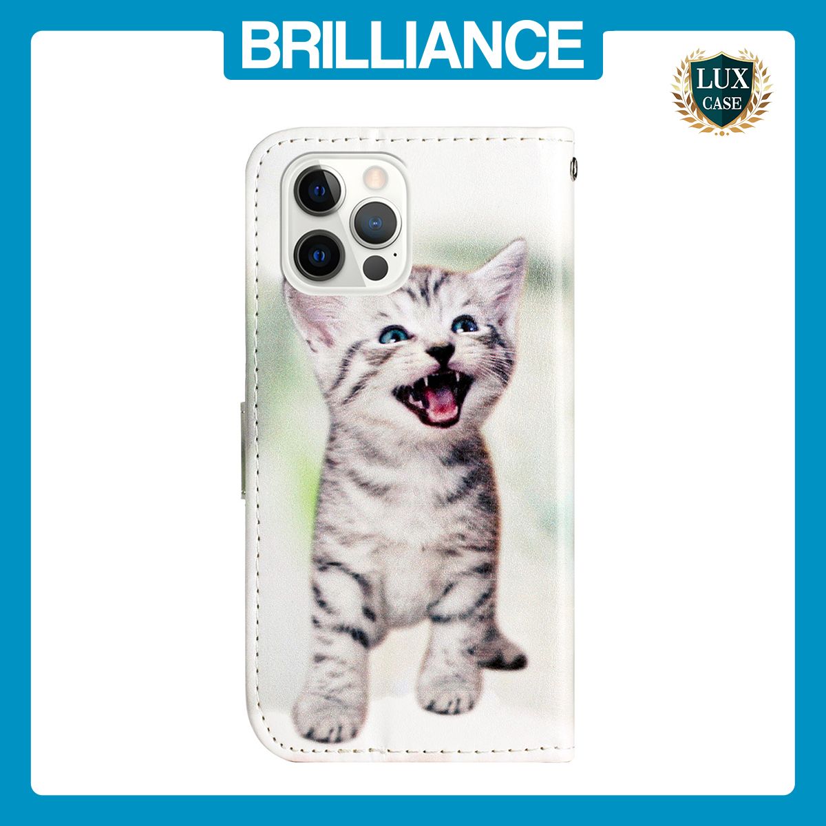 Brilliance LUX iPhone 12 Pro Max Flip PU Leather Wallet 3D Print Cat with Wrist Strap Case
