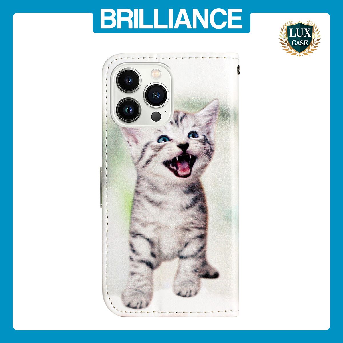 Brilliance LUX iPhone 13 Pro Max Flip PU Leather Wallet 3D Print Cat with Wrist Strap Case