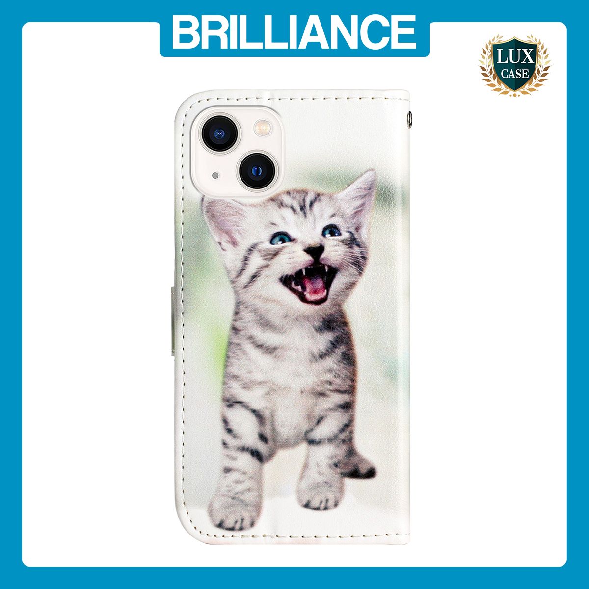 Brilliance LUX iPhone 14 Plus Flip PU Leather Wallet 3D Print Cat with Wrist Strap Case