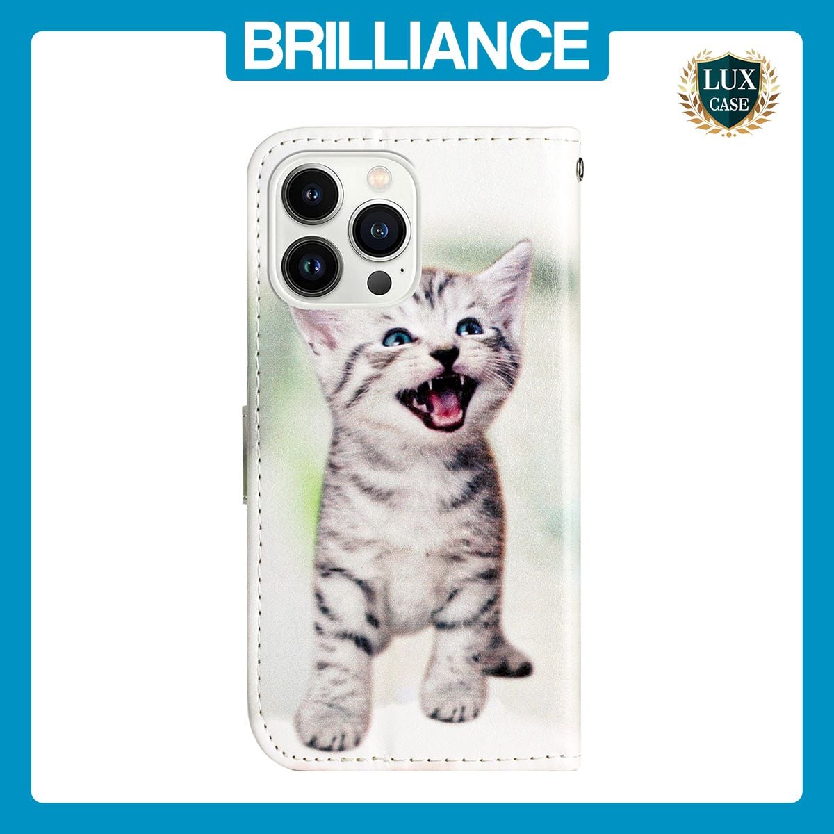 Brilliance LUX iPhone 14 Pro Max Flip PU Leather Wallet 3D Print Cat with Wrist Strap Case