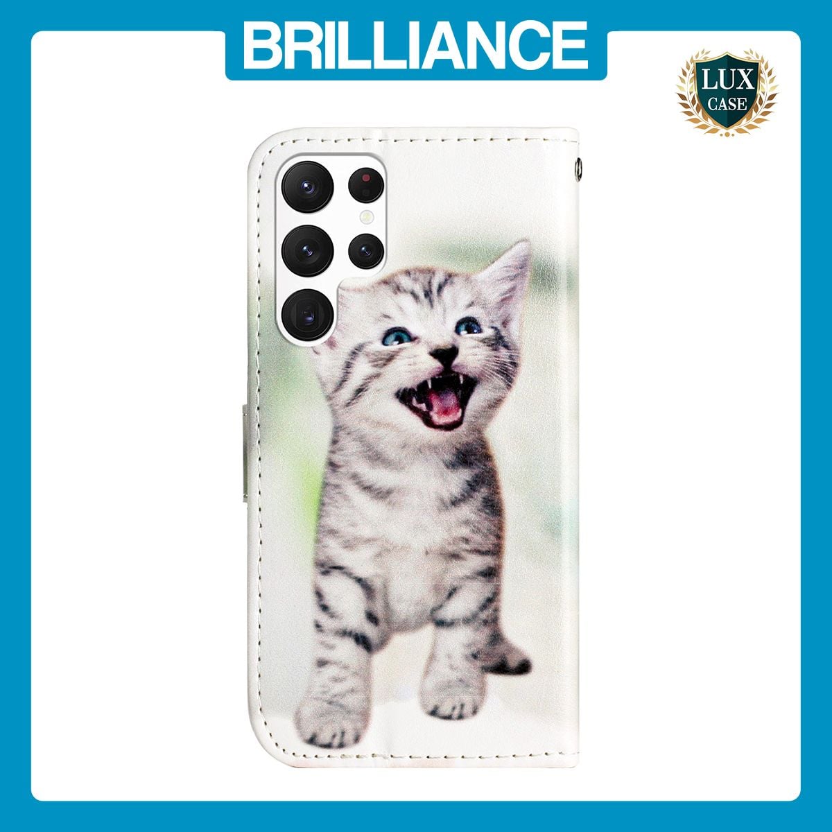 Brilliance LUX Samsung S24 Ultra Flip PU Leather Wallet 3D Print Cat with Wrist Strap Case