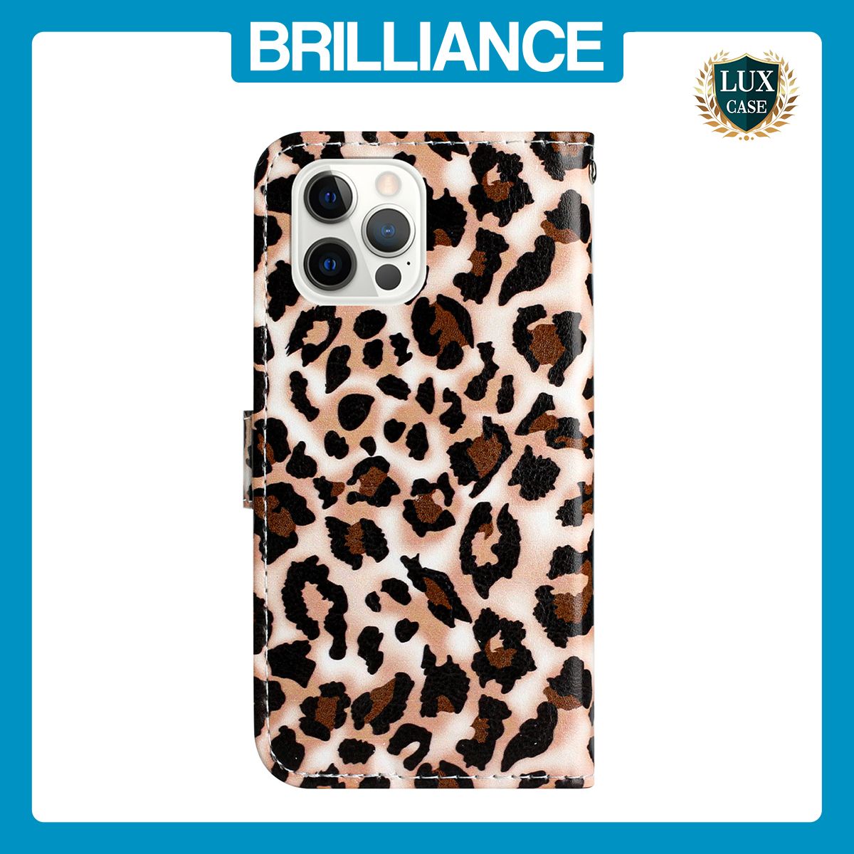 Brilliance LUX iPhone 12 Pro Max Flip PU Leather Wallet 3D Print Leopard with Wrist Strap Case
