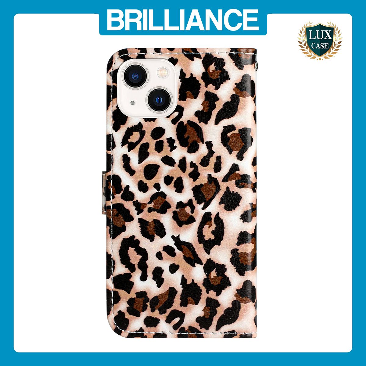 Brilliance LUX iPhone 14 Flip PU Leather Wallet 3D Print Leopard with Wrist Strap Case