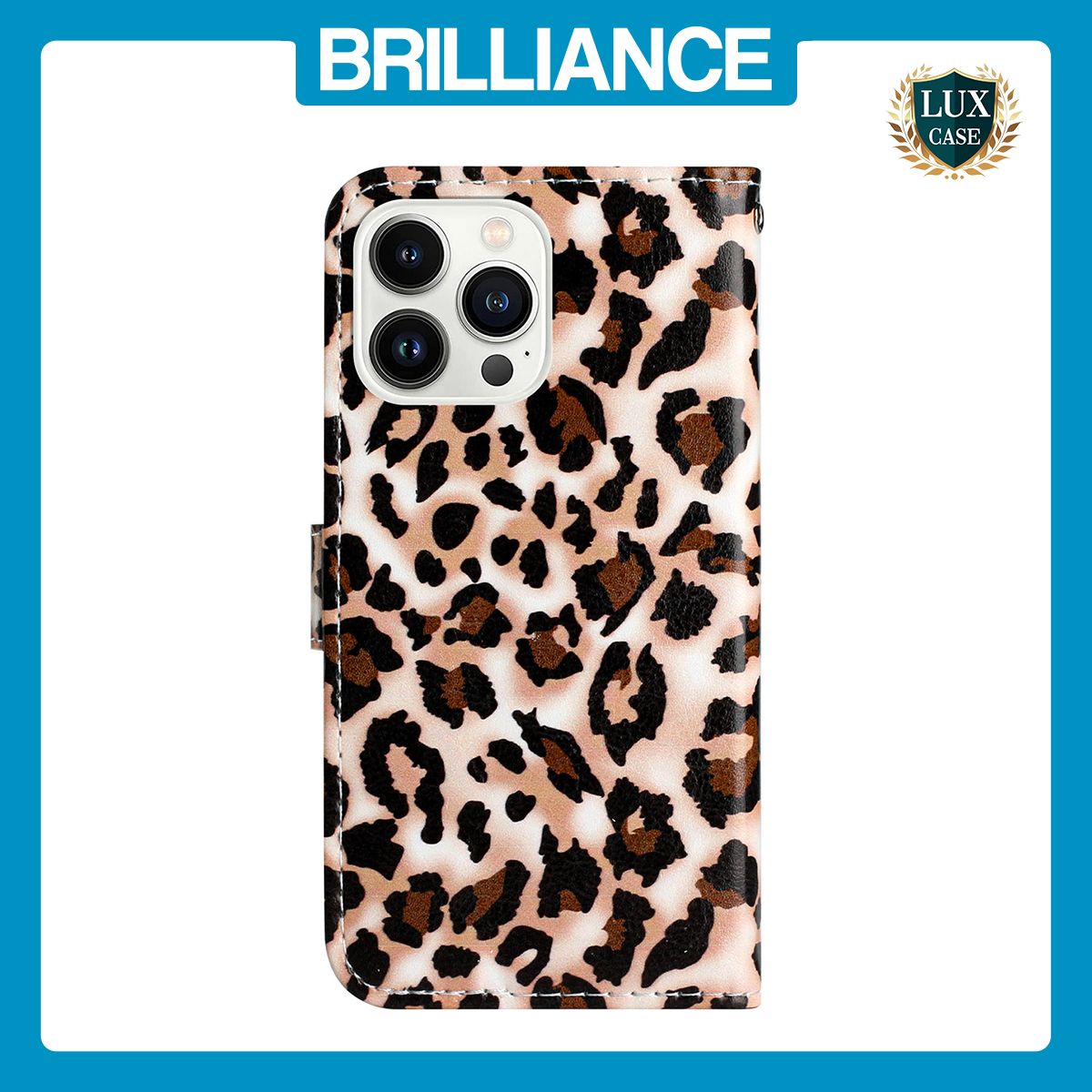 Brilliance LUX iPhone 15 Pro Flip PU Leather Wallet 3D Print Leopard with Wrist Strap Case