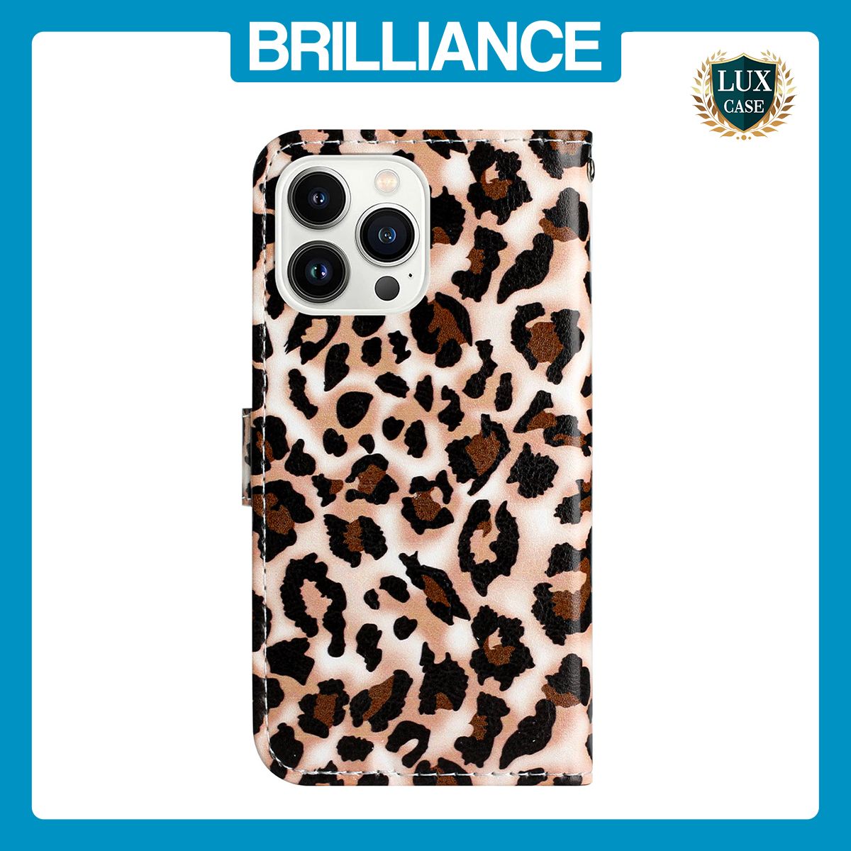 Brilliance LUX iPhone 15 Pro Max Flip PU Leather Wallet 3D Print Leopard with Wrist Strap Case