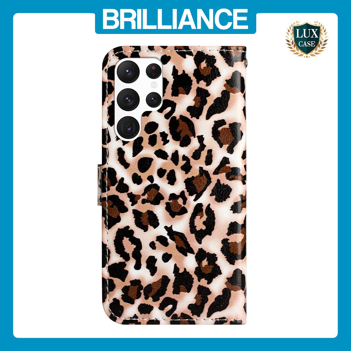 Brilliance LUX Samsung S23 Ultra Flip PU Leather Wallet 3D Print Leopard with Wrist Strap Case