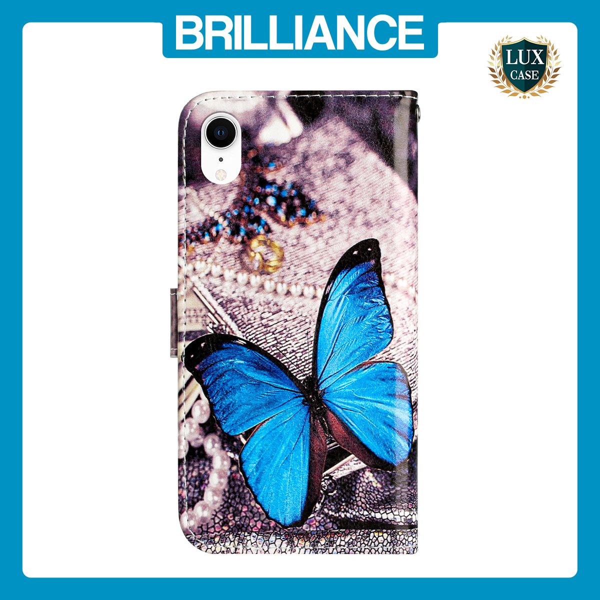 Brilliance LUX iPhone XR Flip PU Leather Wallet 3D Print Butterfly with Wrist Strap Case