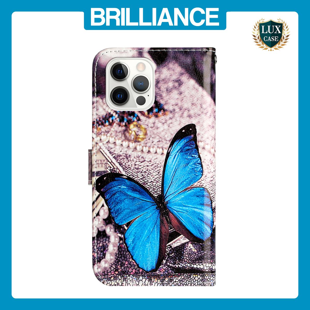 Brilliance LUX iPhone 12 Pro Max Flip PU Leather Wallet 3D Print Butterfly with Wrist Strap Case