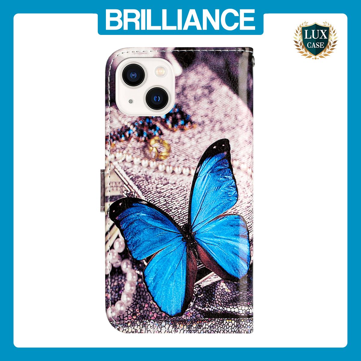 Brilliance LUX iPhone 14 Flip PU Leather Wallet 3D Print Butterfly with Wrist Strap Case