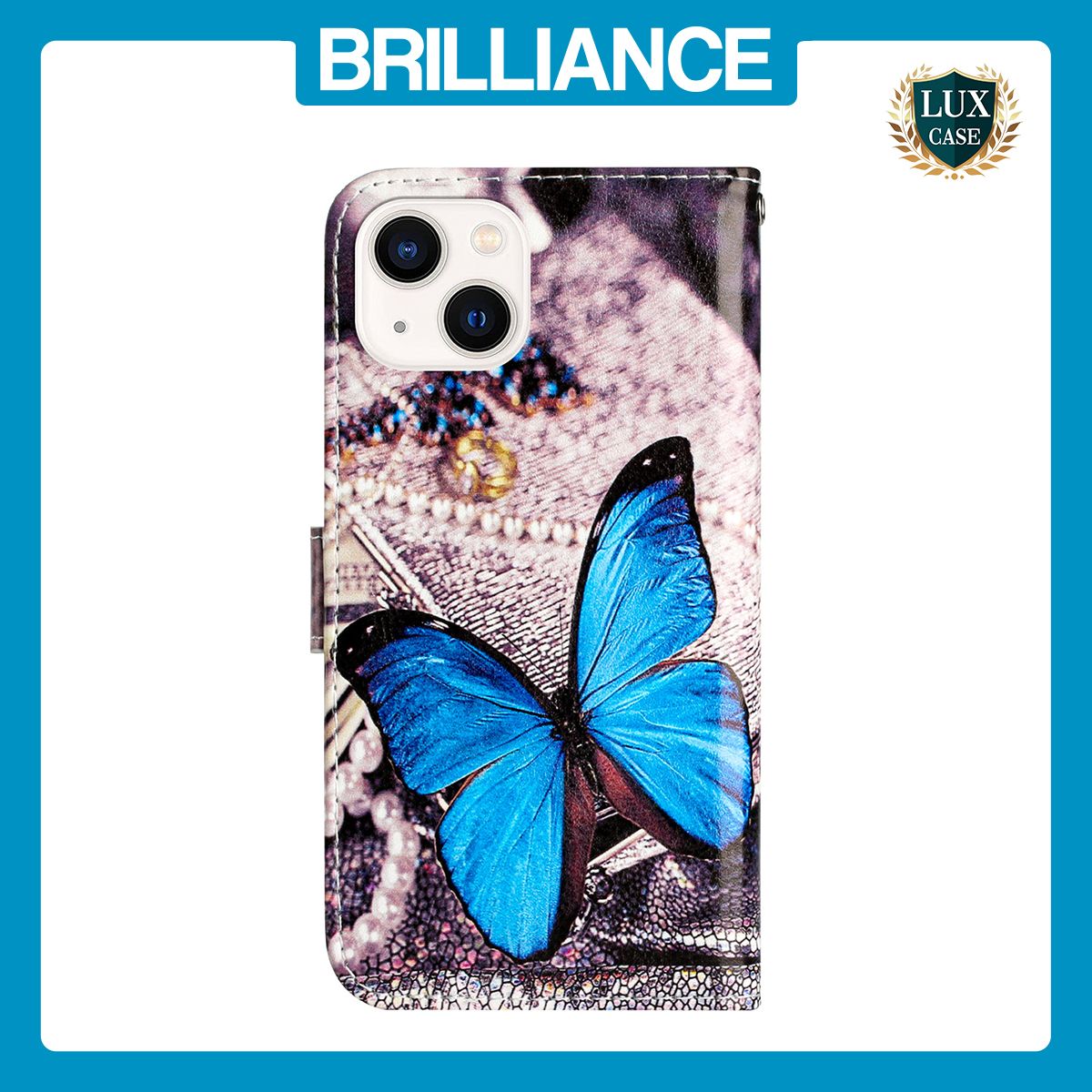Brilliance LUX iPhone 15 Plus Flip PU Leather Wallet 3D Print Butterfly with Wrist Strap Case