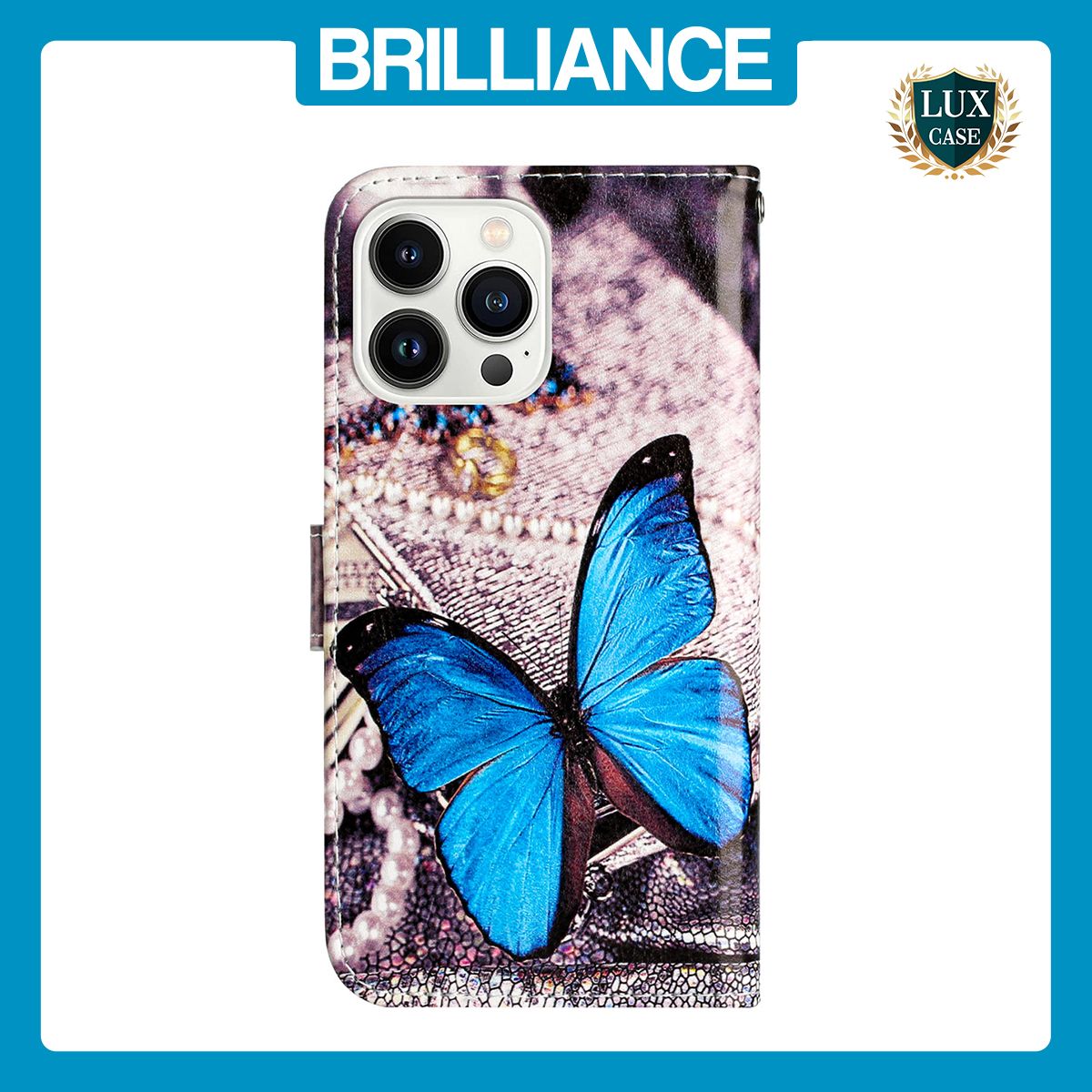 Brilliance LUX iPhone 15 Pro Max Flip PU Leather Wallet 3D Print Butterfly with Wrist Strap Case