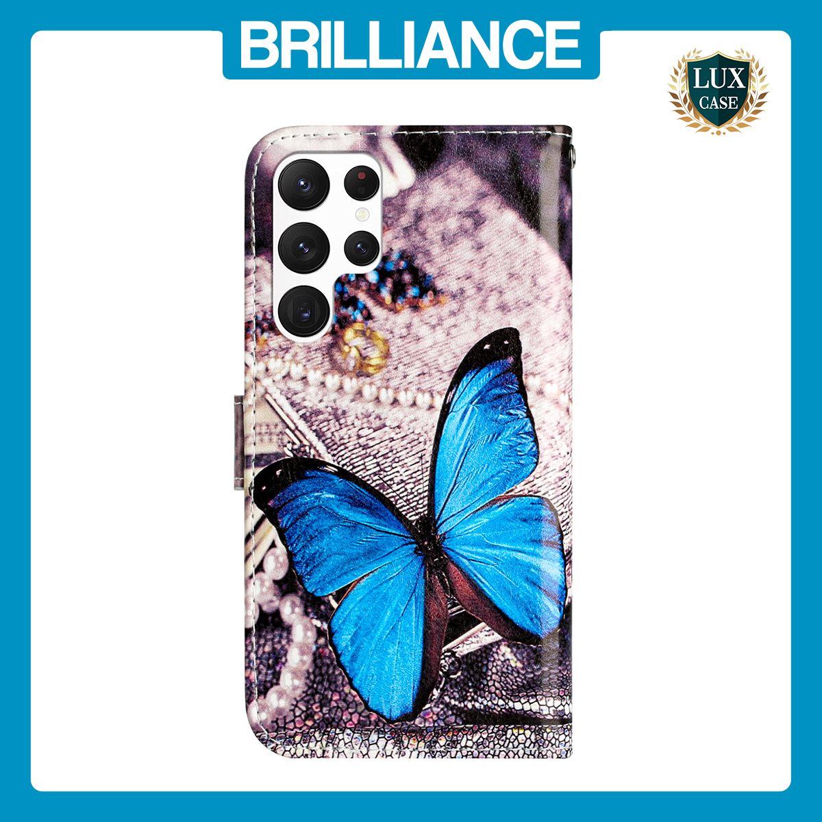 Brilliance LUX Samsung S24 Ultra Flip PU Leather Wallet 3D Print Butterfly with Wrist Strap Case