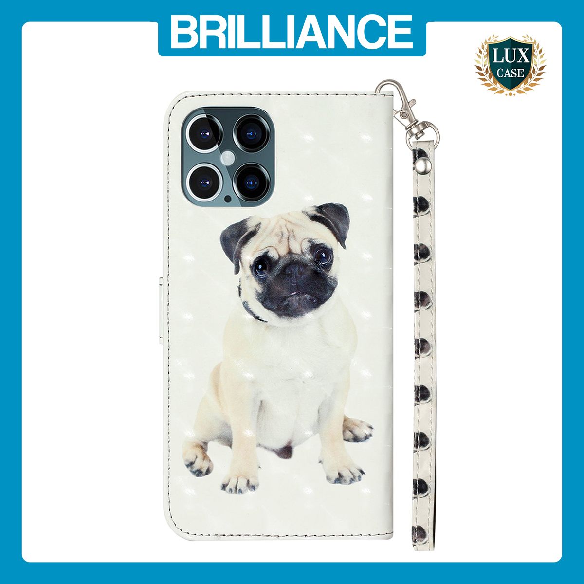 Brilliance LUX iPhone 12 Pro Max Flip PU Leather Wallet 3D Print Dog with Wrist Strap Case