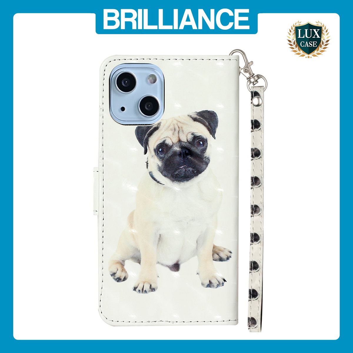 Brilliance LUX iPhone 14 Flip PU Leather Wallet 3D Print Dog with Wrist Strap Case