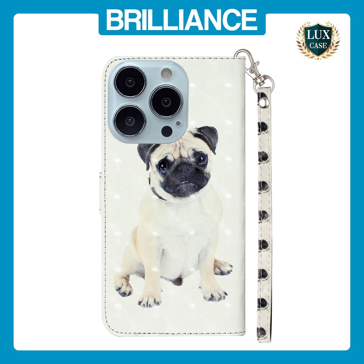 Brilliance LUX iPhone 15 Pro Flip PU Leather Wallet 3D Print Dog with Wrist Strap Case