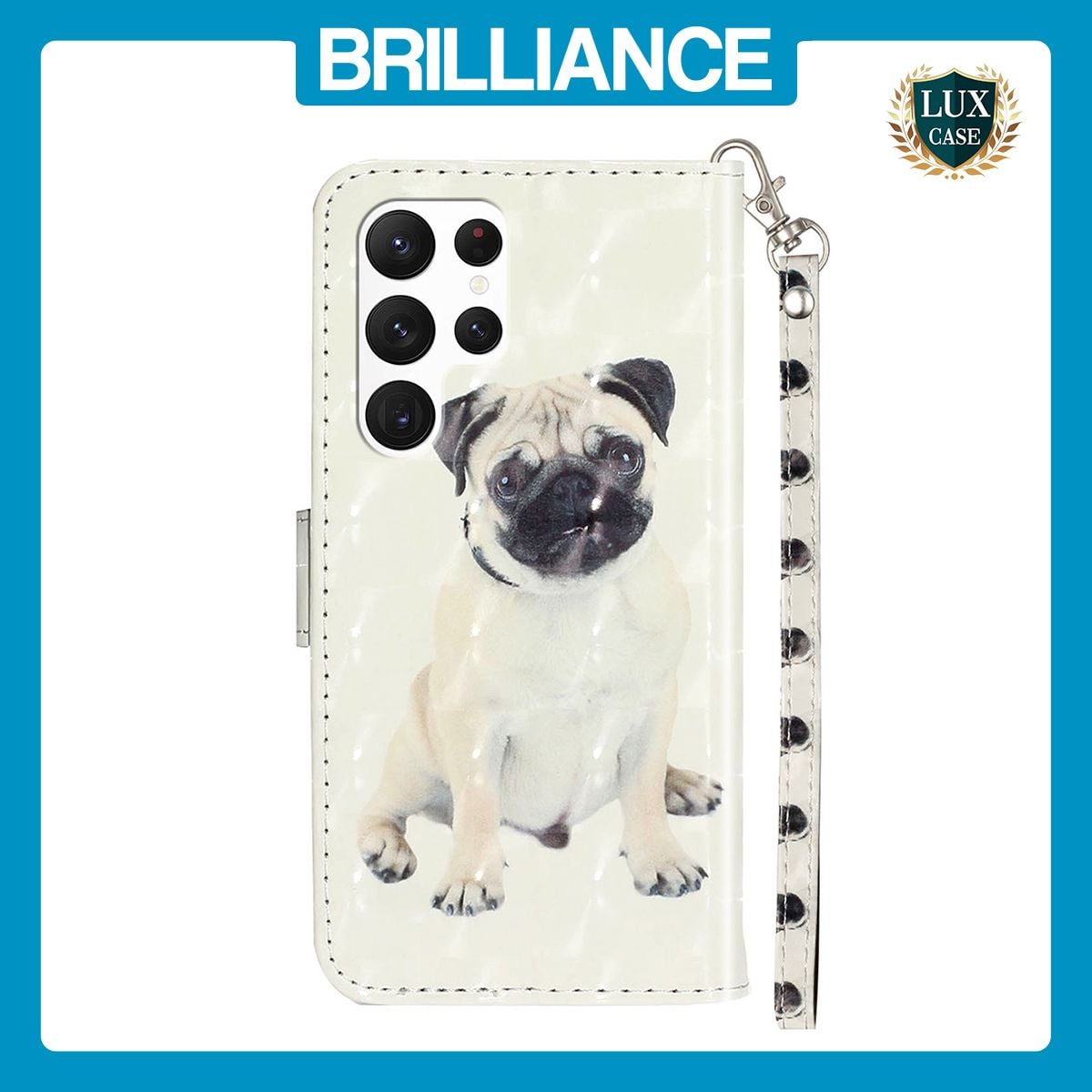 Brilliance LUX Samsung S23 Ultra Flip PU Leather Wallet 3D Print Dog with Wrist Strap Case