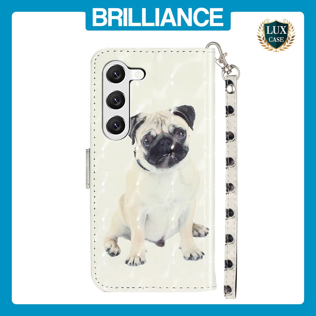 Brilliance LUX Samsung S24 Plus Flip PU Leather Wallet 3D Print Dog with Wrist Strap Case