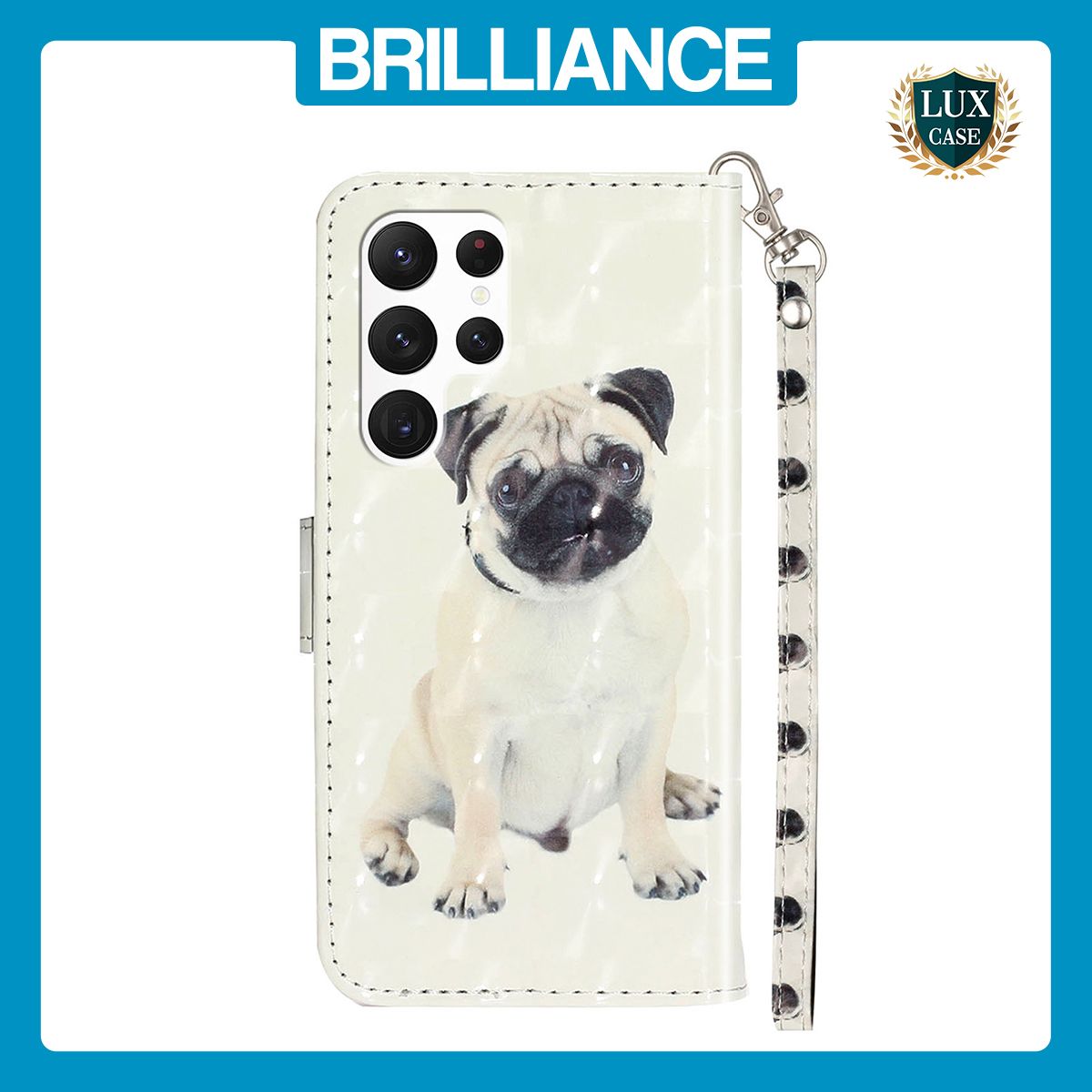 Brilliance LUX Samsung S24 Ultra Flip PU Leather Wallet 3D Print Dog with Wrist Strap Case
