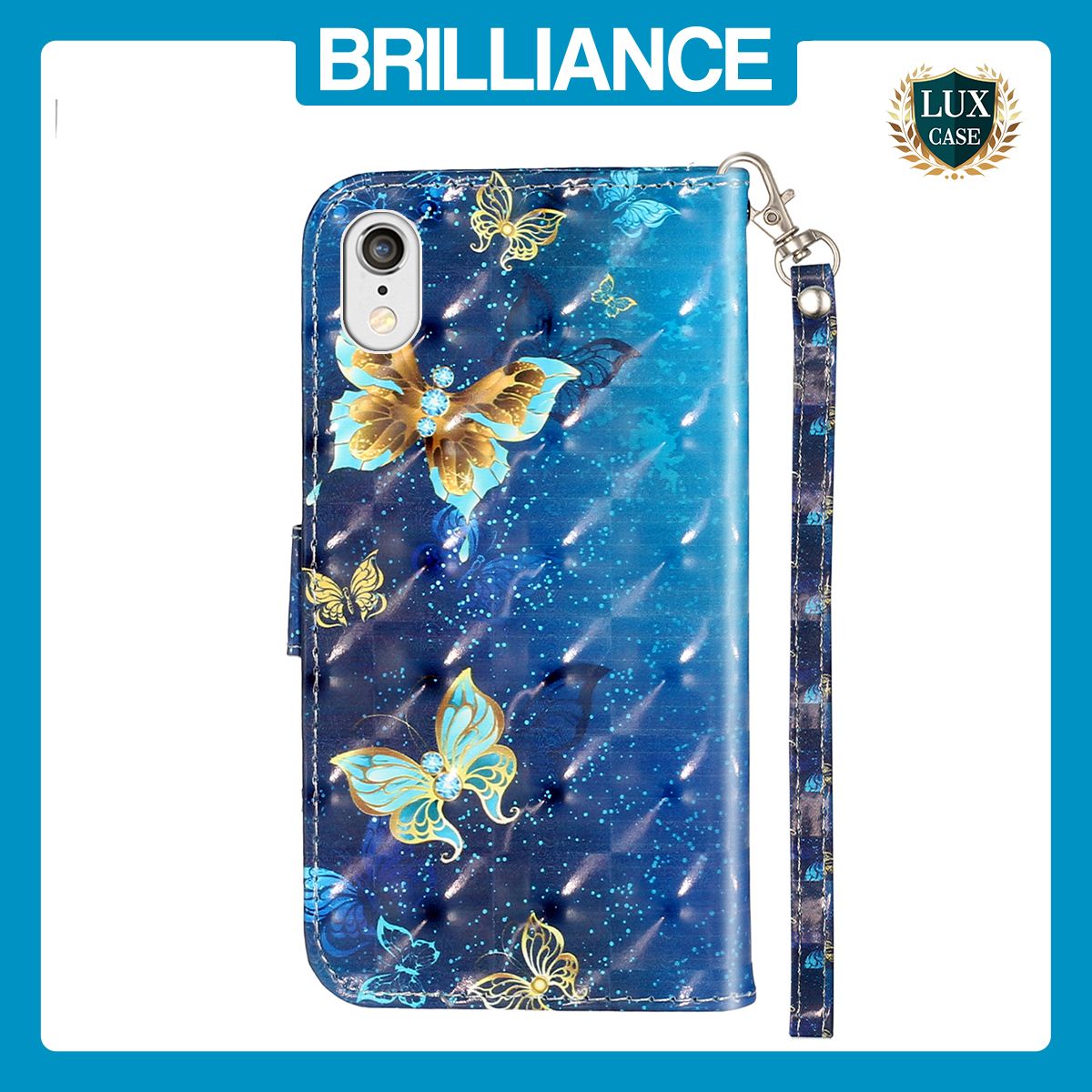 Brilliance LUX iPhone XR Flip PU Leather Wallet 3D Print Butterfly with Wrist Strap Case Blue