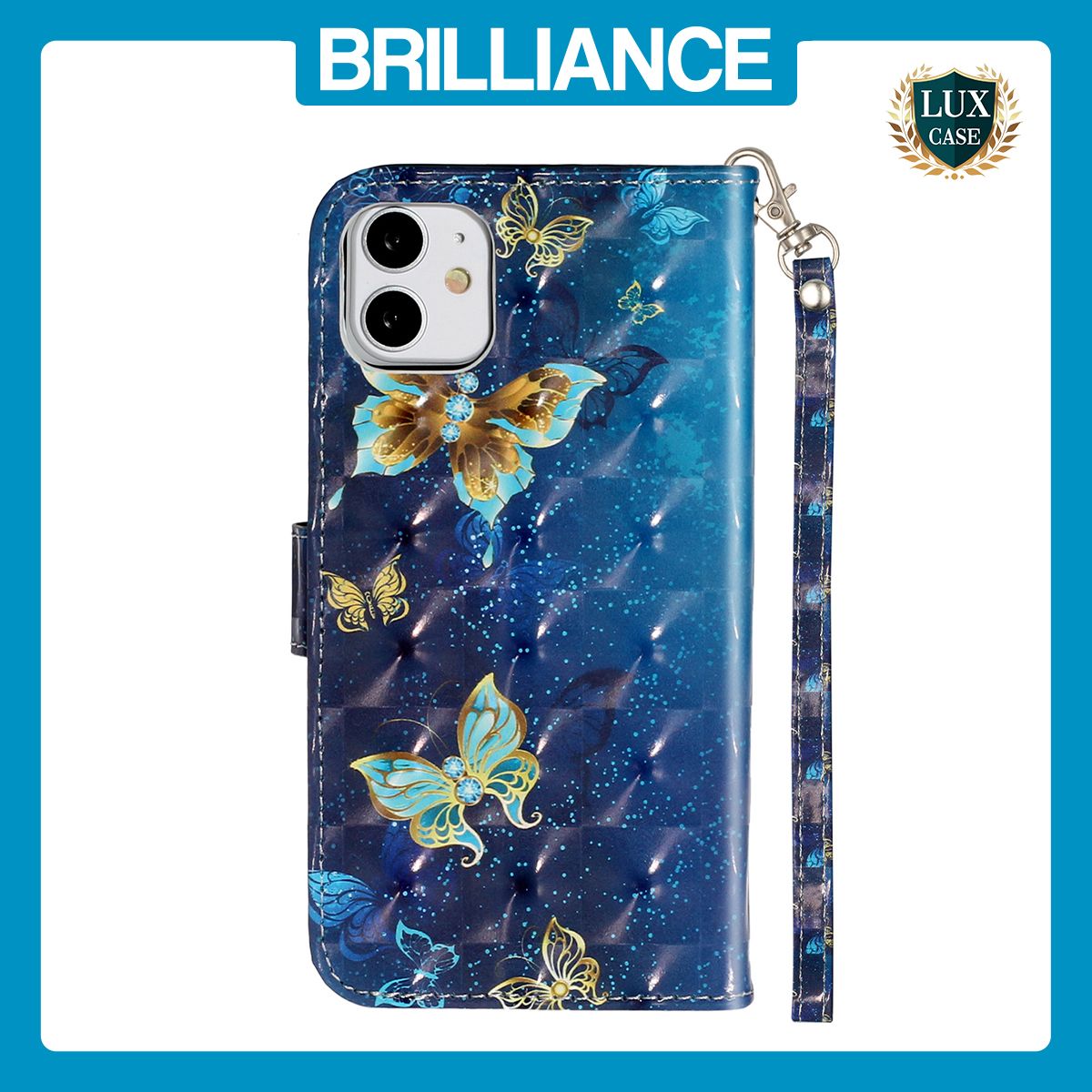 Brilliance LUX iPhone 11 Flip PU Leather Wallet 3D Print Butterfly with Wrist Strap Case Blue