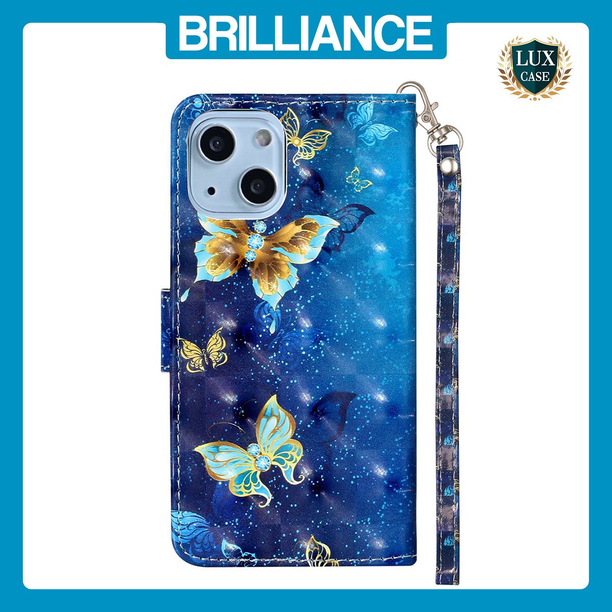 Brilliance LUX iPhone 14 Flip PU Leather Wallet 3D Print Butterfly with Wrist Strap Case Blue