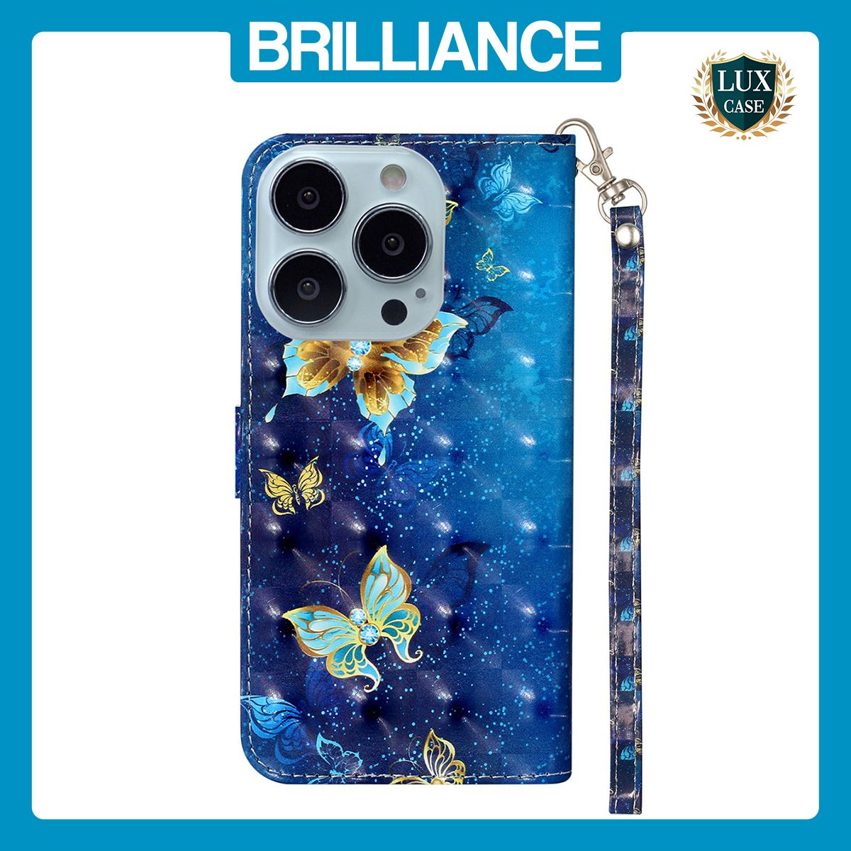 Brilliance LUX iPhone 14 Pro Max Flip PU Leather Wallet 3D Print Butterfly with Wrist Strap Case Blue