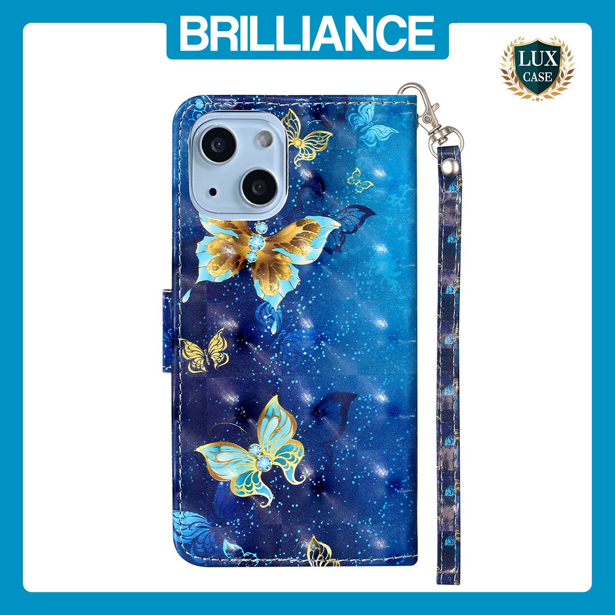 Brilliance LUX iPhone 15 Plus Flip PU Leather Wallet 3D Print Butterfly with Wrist Strap Case Blue