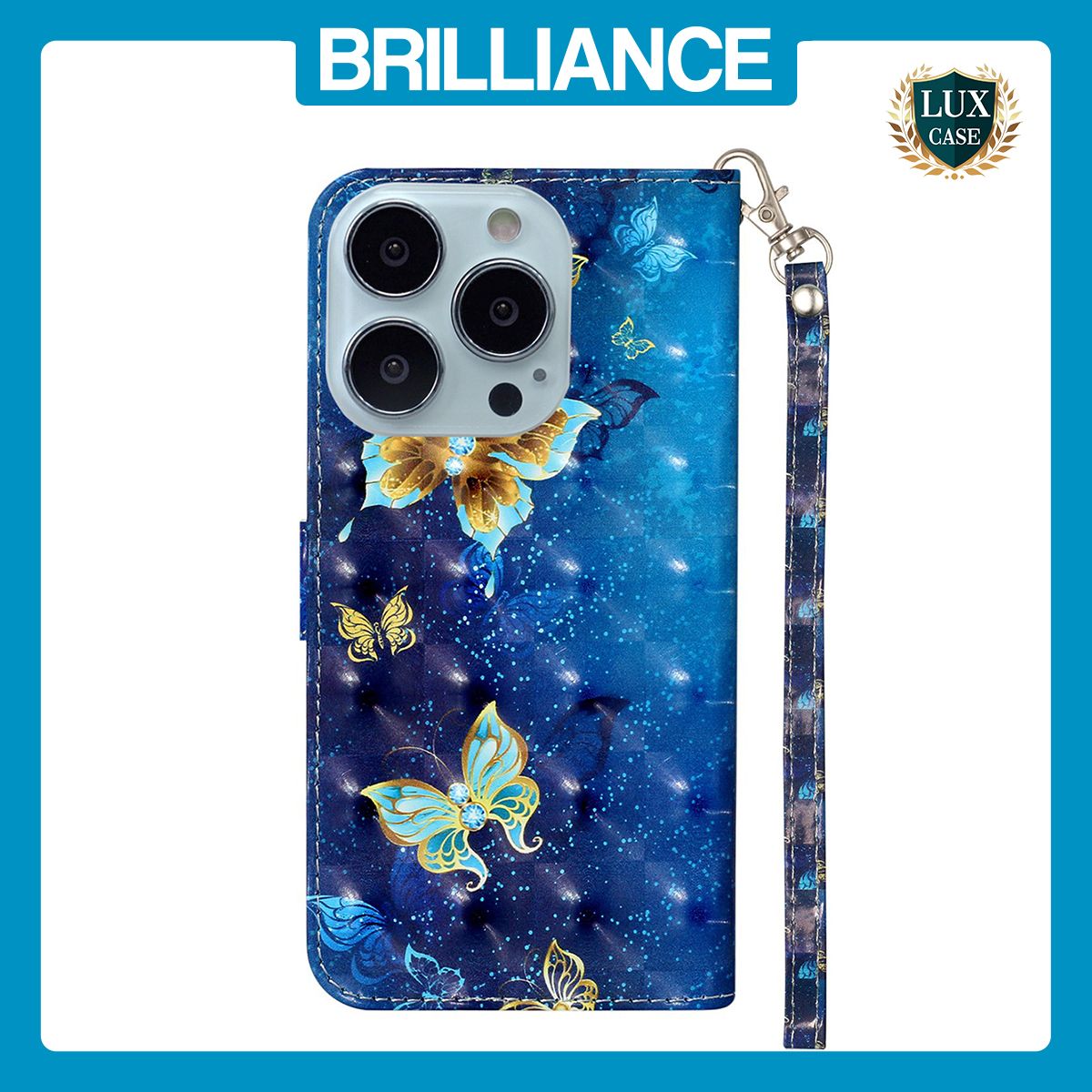 Brilliance LUX iPhone 15 Pro Flip PU Leather Wallet 3D Print Butterfly with Wrist Strap Case Blue