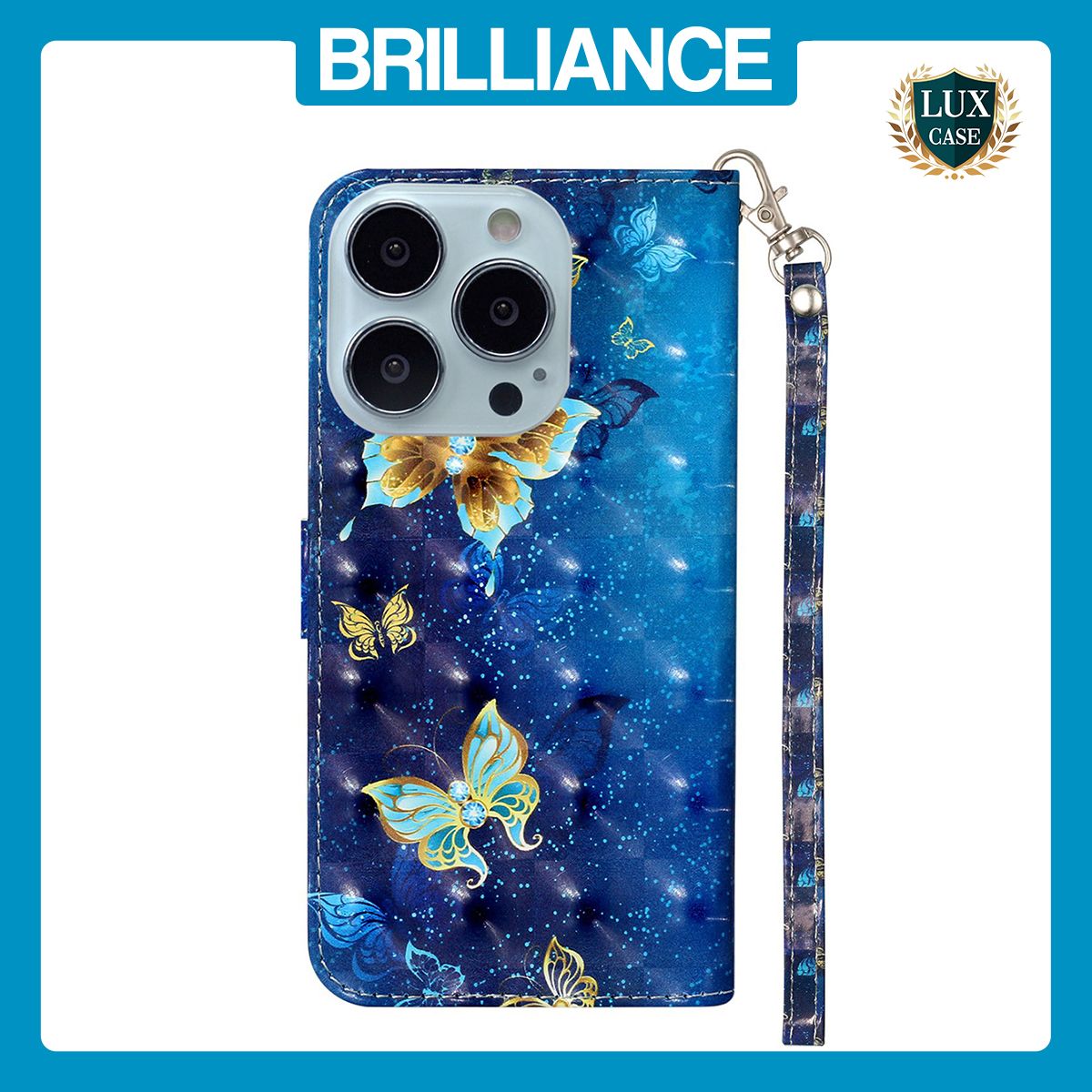 Brilliance LUX iPhone 15 Pro Max Flip PU Leather Wallet 3D Print Butterfly with Wrist Strap Case Blue