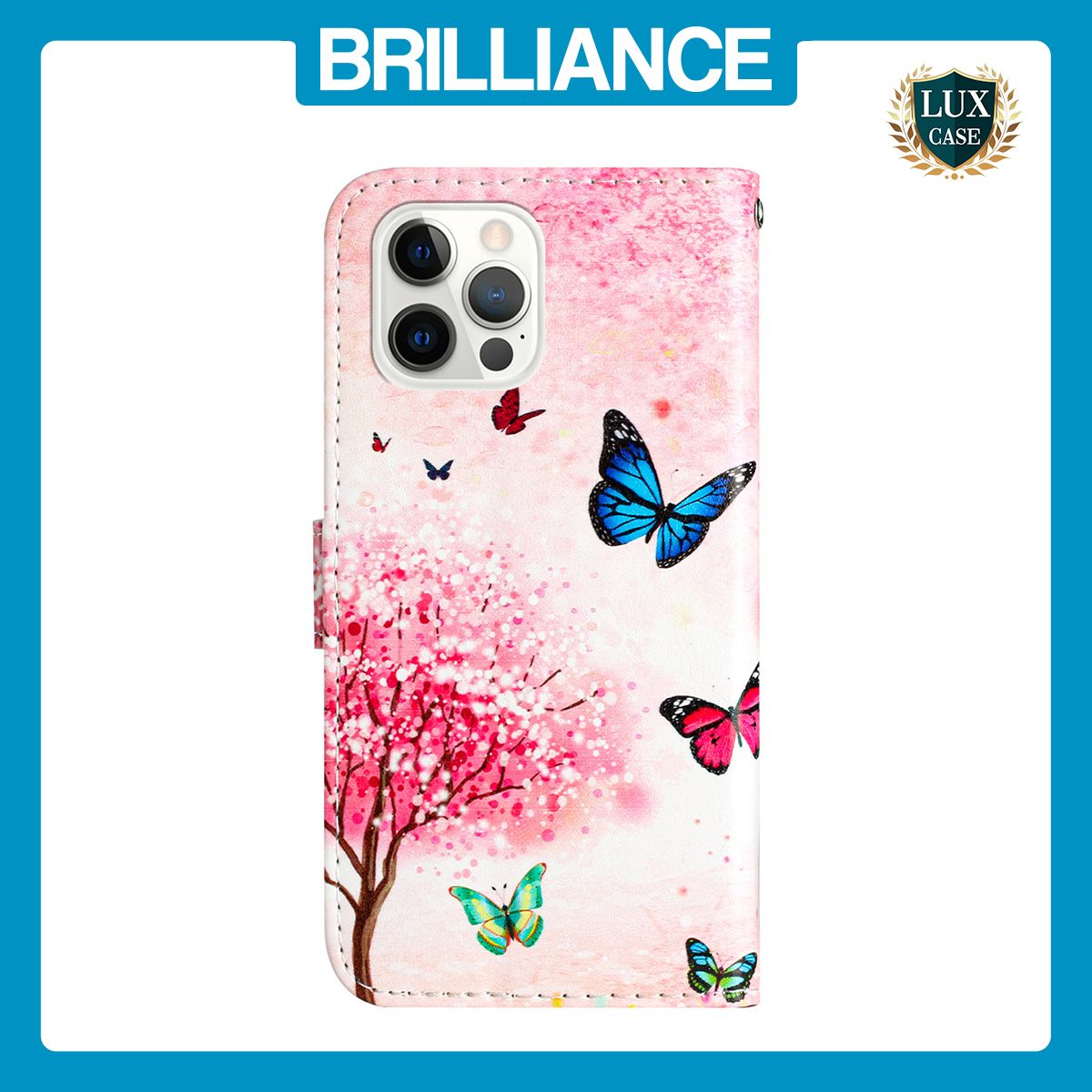 Brilliance LUX iPhone 12 Pro Max Flip PU Leather Wallet 3D Print Cartoon Butterfly Flower with Wrist Strap Case