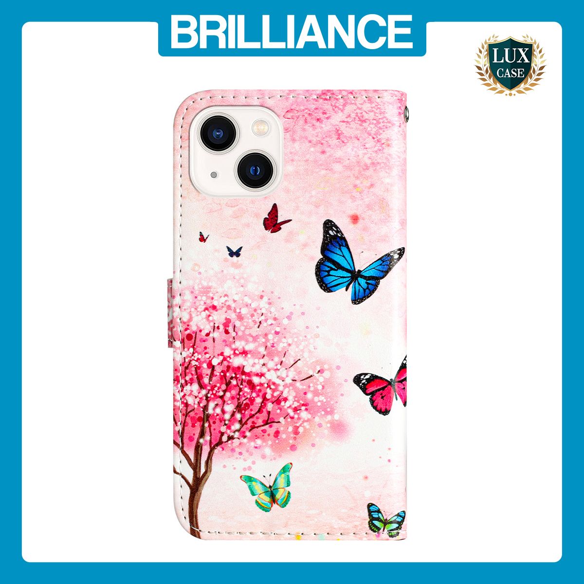 Brilliance LUX iPhone 15 Plus Flip PU Leather Wallet 3D Print Cartoon Butterfly Flower with Wrist Strap Case