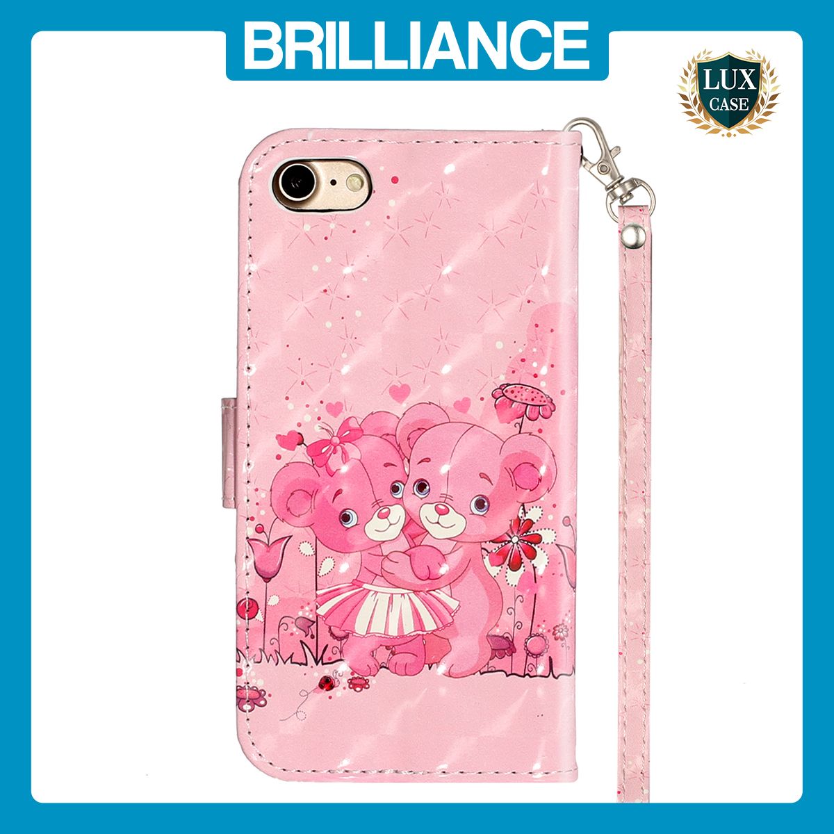 Brilliance LUX iPhone 6/7/8 Flip PU Leather Wallet 3D Print Pink Bear with Wrist Strap Case