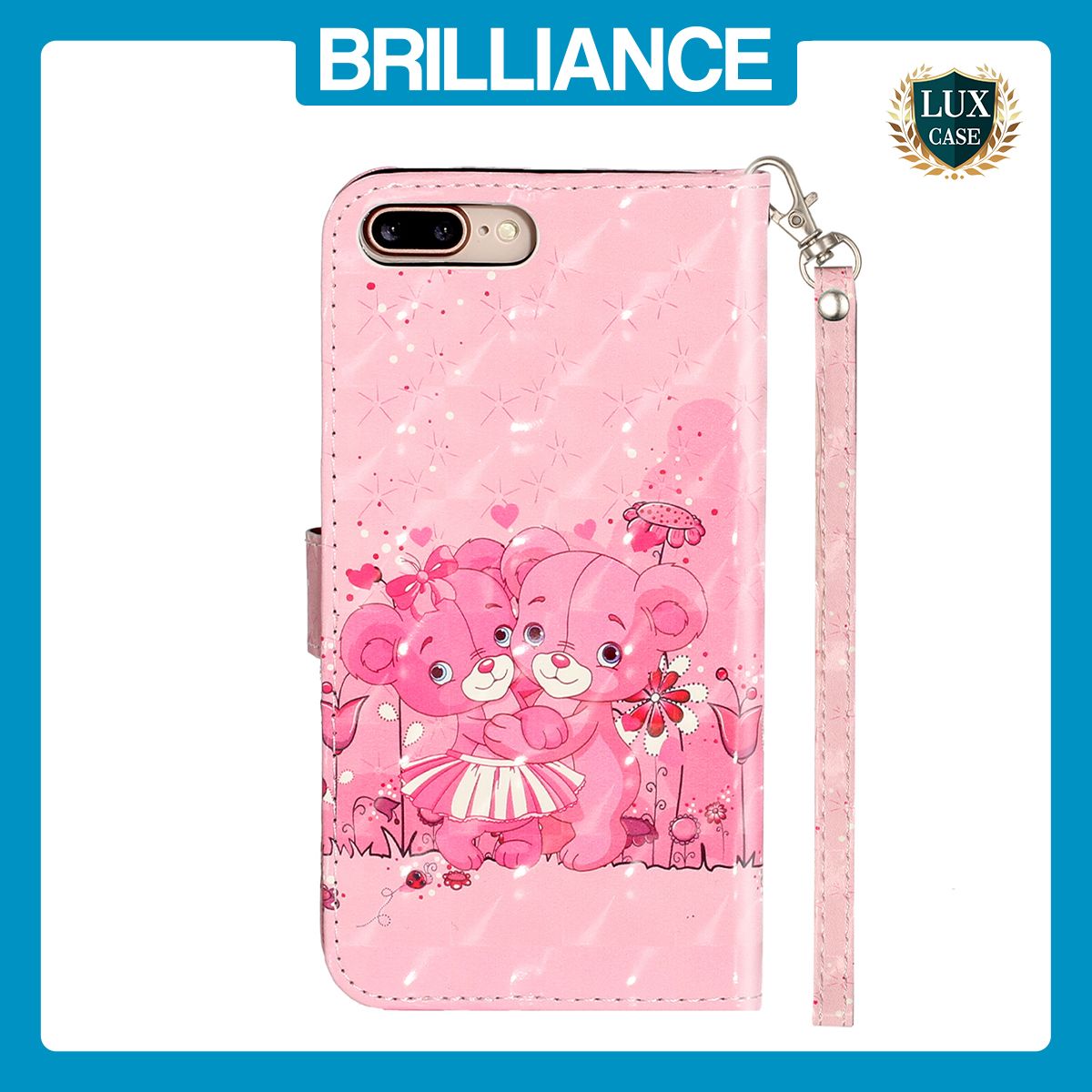Brilliance LUX iPhone 6P/7P/8P Flip PU Leather Wallet 3D Print Pink Bear with Wrist Strap Case