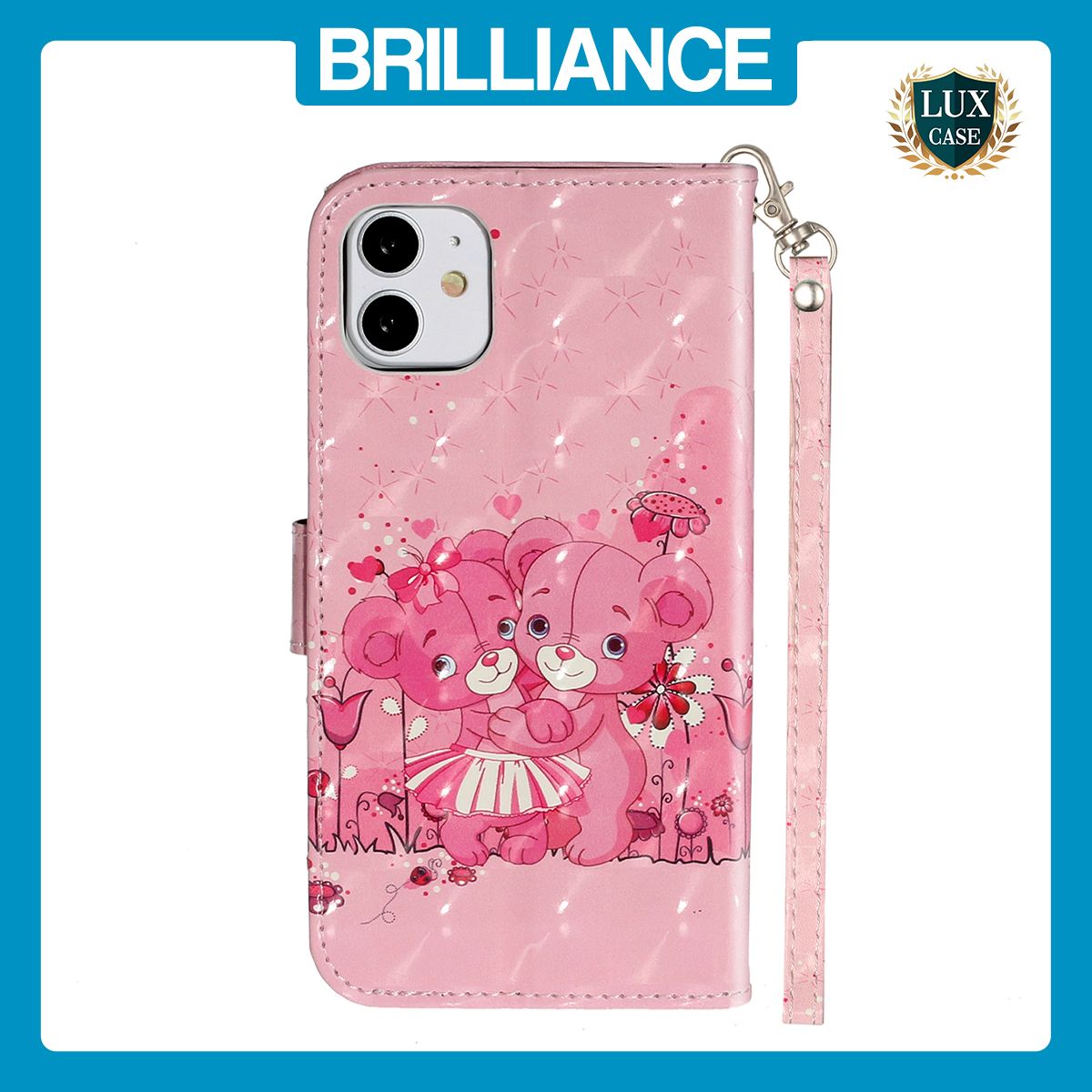 Brilliance LUX iPhone 11 Flip PU Leather Wallet 3D Print Pink Bear with Wrist Strap Case