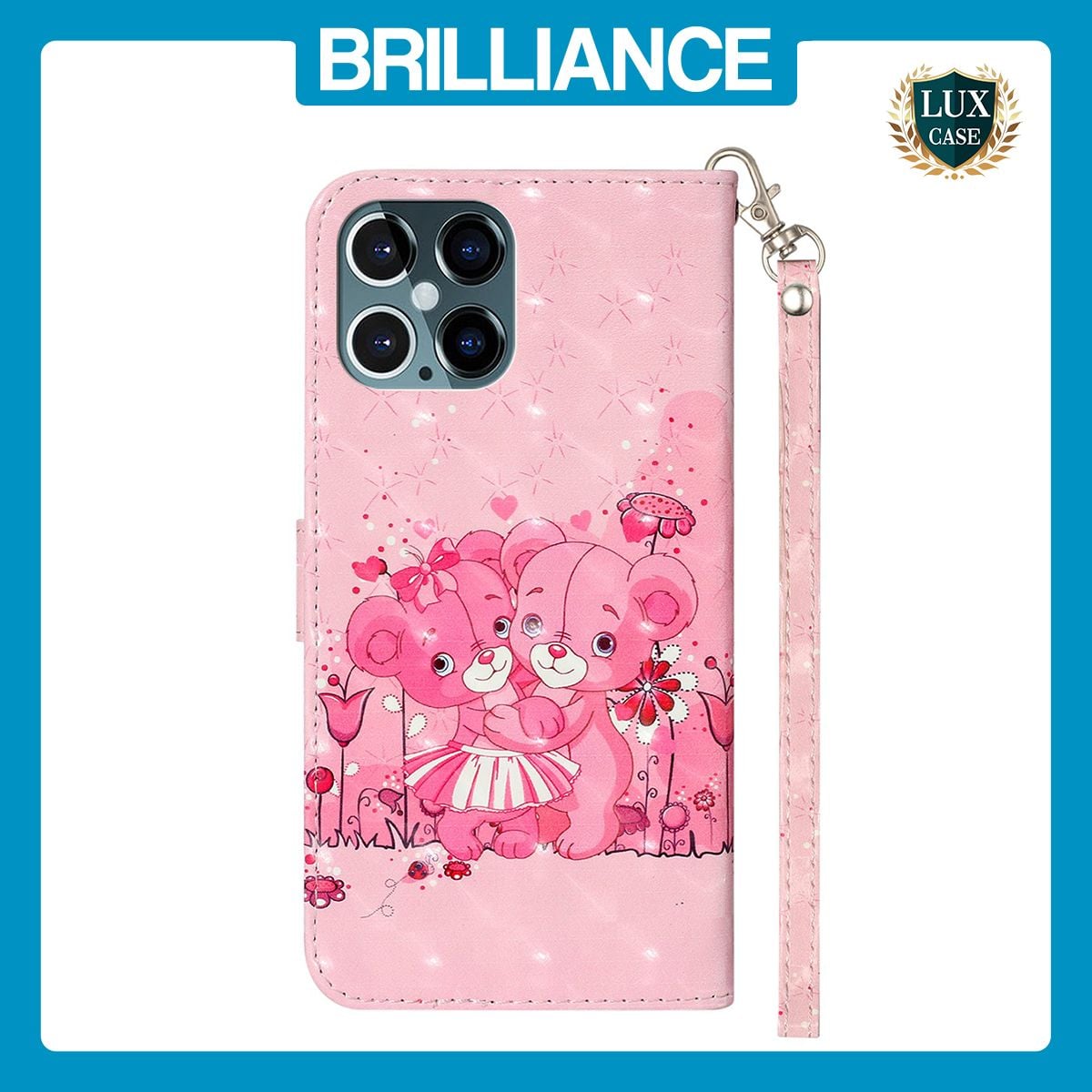 Brilliance LUX iPhone 12 Pro Max Flip PU Leather Wallet 3D Print Pink Bear with Wrist Strap Case